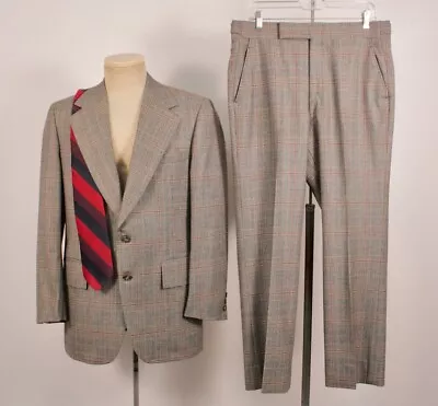 Mens VTG 70s 2 PC Grey & Red Plaid Fine Wool Suit W Tie Sz M  1970s • $129.99