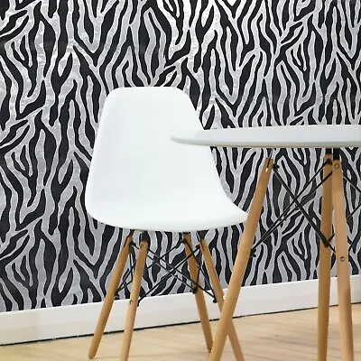 Wallpaper Black Silver Metallic Textured Flocking Velvet Animal Zebra Flock Fur  • $120.18