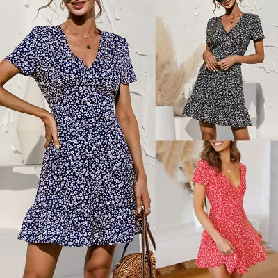 Womens Boho Floral Maxi Dress Ladies Short Sleeve Casual Loose Holiday Sundress • $27.49