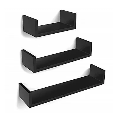 NEW! Set Of 3 Black U-Shaped Floating Wooden MDF Wall Shelves DIY Home Storage • £15.99