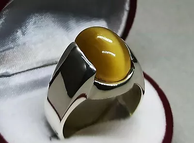 Natural Deep Yellow Cats Eye Quartz Sterling Silver 925 Handmade Mens Plain Ring • $140.70