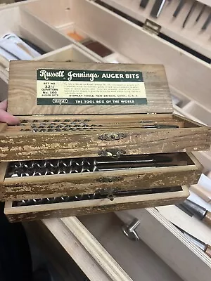 Vintage RUSSELL JENNINGS 32 1/2 Quarters No. 100 Auger Bits Set 3 Tier Oak Box • $122