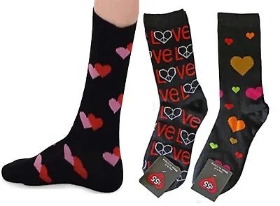 Womens Girls Funky Novelty Valentine HEARTS Peace Love Print Crew Socks-BLACK-1 • $5.97