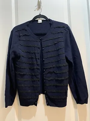 J Crew Navy Blue Cardigan Sweater Beaded Black Strips Front Long Sleeves Large • $30