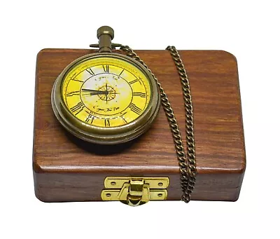 Antique Maritime Marco Polo Brass Pocket Watch Fob With Chain Wooden Box WQ05 • $30.60