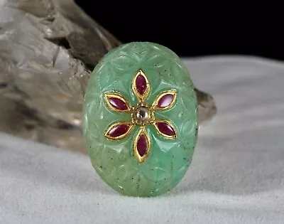 Mughal Best Emerald Quartz Carved Gemstone Studded Ruby 22k Gold Pendant Design • $675