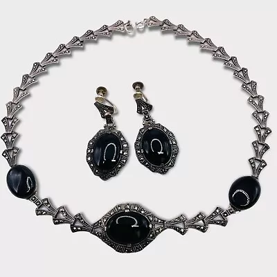 Vintage 925 Sterling Silver Marcasite Black OnyxChoker Necklace & Earrings Set • $446.51