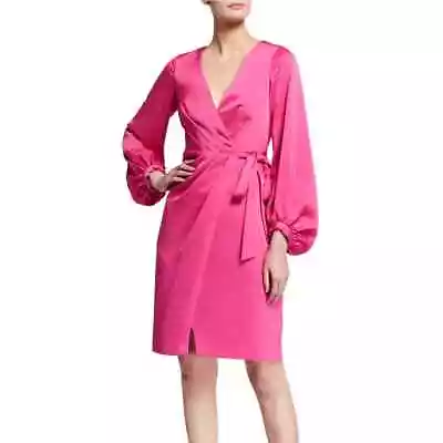 Aidan Mattox Blouson Sleeve Wrap Cocktail Dress 4 Geranium Pink V-Neck Satin • $39