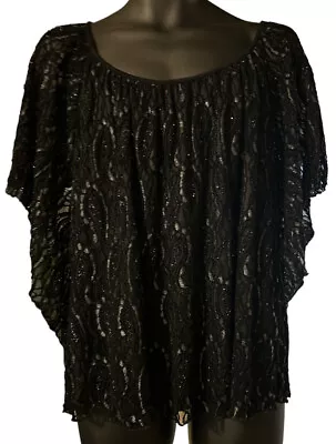 Yahada Blouse Women’s Sz L Short Sleeve Black Lace Rayon Spandex USA Made • $13.97