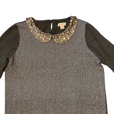 J Crew Women's Sweater Size XS Gray Jewel Collar Herringbone Bling Merino Wool • $36.95