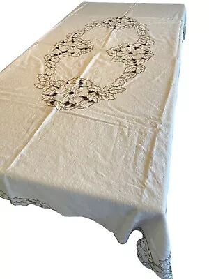 Vintage Embroidered Linen Cream Taupe Tablecloth 53  X 70  Medallion Corners • $24.99