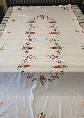 Vintage Handstitched Christmas Santa Holly Candles Tablecloth 61.5” X 112” • $75