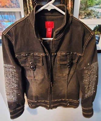 $23 • Buy V Cristina Women's Size Medium Embellished Black Stretch Denim Jean Jacket