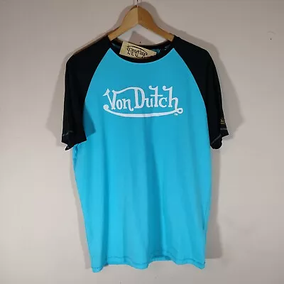 Von Dutch Mens Raglan Logo T Shirt Size UK XL Black Aqua Blue Slim Fit *NEW* • £19.99