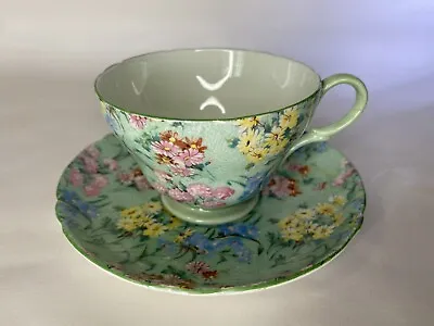 £77.77 • Buy Vintage Shelley China MELODY CHINTZ CUP & SAUCER SET GREEN HANDLE Excellent