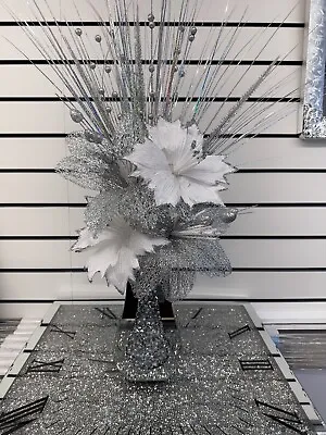 Crushed Diamond Vase With White Silver Flowers Mirrored Mantel Vase Bling 25cm • £34.99