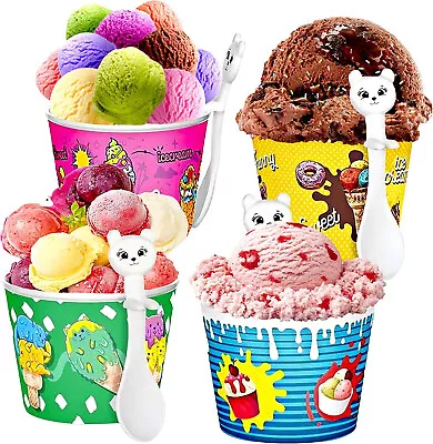 4x Children's Plastic Ice Cream Bowls With Spoon Tubs Durable Party Desert Cups • £13.99