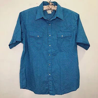 Wrangler Wrancher Blue Western Aztec Pearl Snap Short Sleeve Shirt Cowboy Large • $19.99