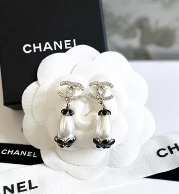 Chanel AB5694 Scallop Pearl Camelia Flower Dangle CC Crystal Drop Earrings • $1195