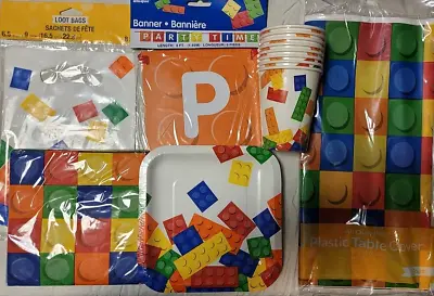 Building BLOCK PARTY Birthday Party Supply DELUXE Kit 8 W/Sq Plate Banner & Bags • $20.79