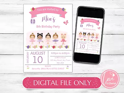 DIGITAL Ballerinas PERSONALISED Invitations -Girls Ballet Birthday Party Invites • £4.95