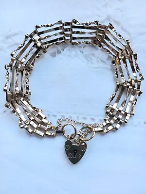 £295 • Buy 9ct Gold 5 Bar Gate Bracelet With Heart Clasp & Safety Chain 1981 London