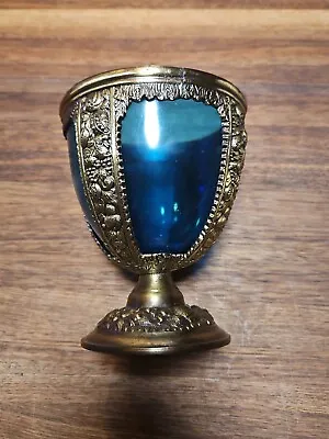 Vintage Ornate 5  Brass Metal Goblet W/Blue Glass Inner Cup Treasure Prop Decor • $21.60