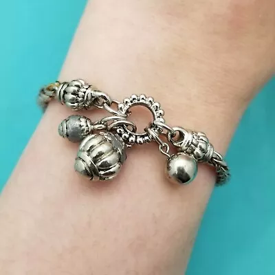 Vintage Sterling Silver Braided Chain 3-Charm Bracelet-Heavy-7 In-Dangle-Unique- • $129