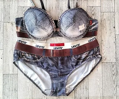 LEVI'S Faux Denim Jean Bra Brief Panties Set Rare Vintage Style Unique Imported • £183.38