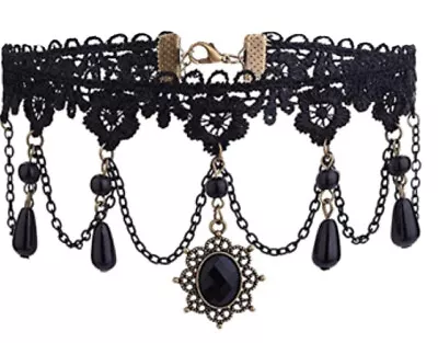 Gothic Victorian Black Lace Choker Necklace Tassel Chain Steampunk NWT 7619 • $10.92