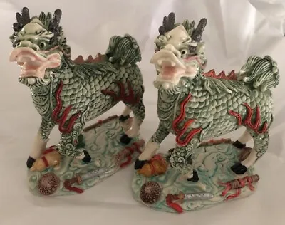 Pair Of Vintage Signed CHINESE FOO DOGS Fu FENG SHUI Kirin Qilin Beast Statue • $175