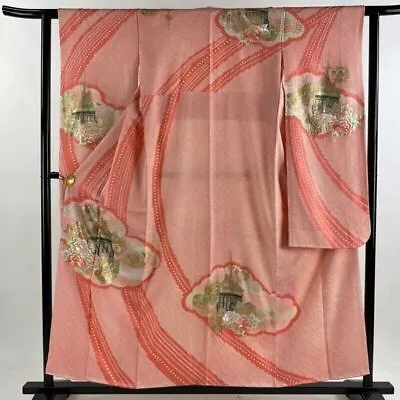 Japanese Kimono Furisode Pure Silk Flower Circle Embroidery Aperture Pink • £118.80