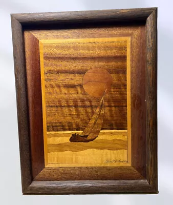 VINTAGE HAND CRAFTED MARQUETRY INLAID WOOD SAIL BOATS SIGNED Nautical 13 X 10” • $25.49