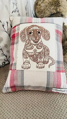 Embroidered Doxie Dachshund Dog Cushion With Plaid Fabric - Handmade • £5