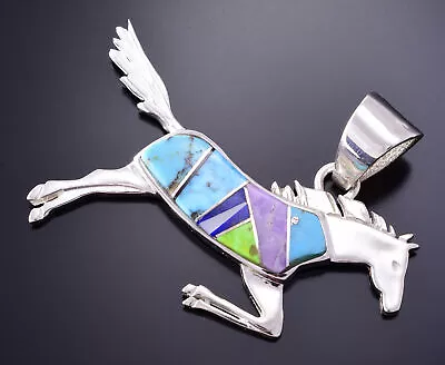 Silver & Turquoise Multistone Navajo Inlay Free Horse Pendant 4B21R • £261.29