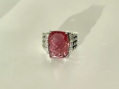 David Yurman Wheaton Pink Tourmaline W/Diamonds Ring Sterling Silver  Size 8 • $179