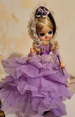 Vtg 70s Bradley Doll Stockinette Big Eye Doll Korea Purple Dress Blonde Parasol  • $34