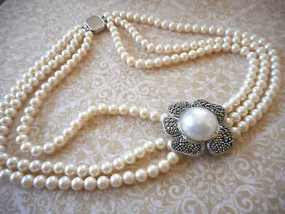Sterling Judith Jack Marcasite & Mabe Pearl Creamy Pearl Strand Necklace  49C52 • $149