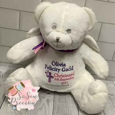 Personalised Angel Teddy Bear Gift Christening Bear Newborn Rainbow Baby • £27.99