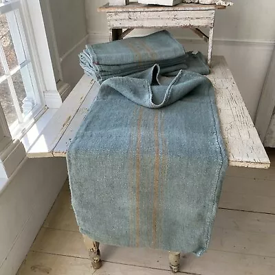 Dyed Blue Grain Sack Caramel Stripe Linen Fabric Rustic Grainsack Vintage Hemp • $180