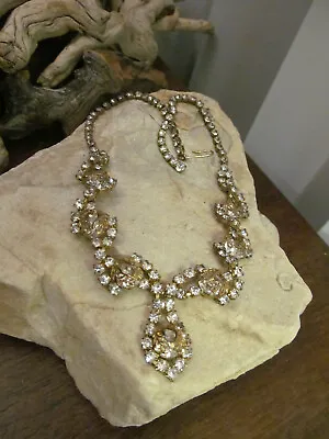 Vintage Brass Miriam Haskell Era Baroque Crystal Filigree Collar Necklace • $149.99