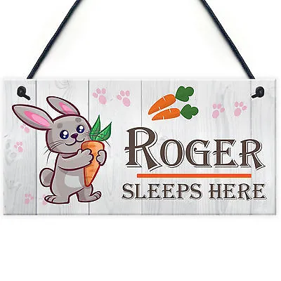 Cute Pet Rabbit Sign ‘Sleeps Here’ - Personalised Hutch Bed Run Cage Wood Effect • £6.99