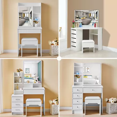 £139.99 • Buy White Wood Corner Dressing Table Makeup Desk Mirror Drawer Stool Bedroom Set