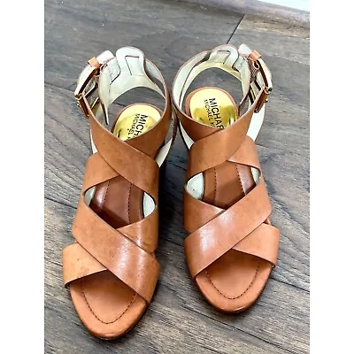 Michael Kors Maribella Leather Wrap Sandal Clear Tortoise Heel Brown Sz 6 EUC • $34