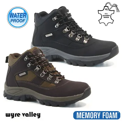 Mens Waterproof Boots Leather Memory Foam Walking Hiking Ankle Trainers Shoes • £34.95