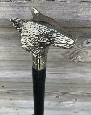 Antique Chrome Wolf Head Handle Vintage Wooden Inlay Cane Walking Stick Gift • $27.49