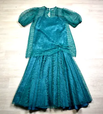 80s Does 40s Lace Drop Waist Midi Dress Teal Vintage • $29.88