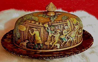 RARE 19TH Century ENGLISH MAJOLICA “TAM O SHANTER” COVERED BUTTER DISH!! • $45