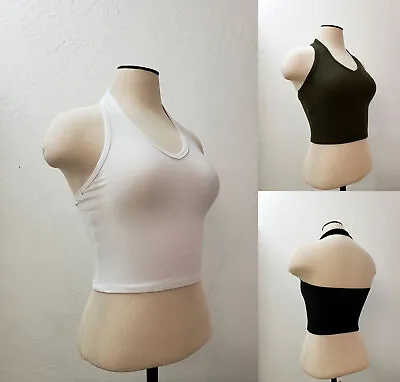 Women Basic Casual Stretch Cotton Sleeveless Halter Neck Crop Top Shirt RT67583 • £9.63