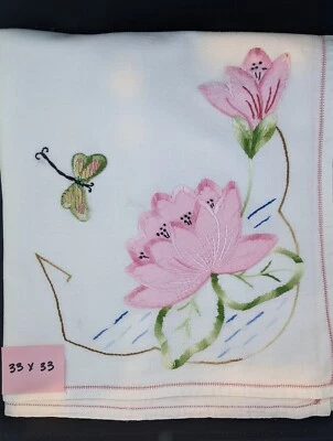 $8 • Buy Vintage Appliqued Tablecloth - Pink Waterlilies--33 X 33